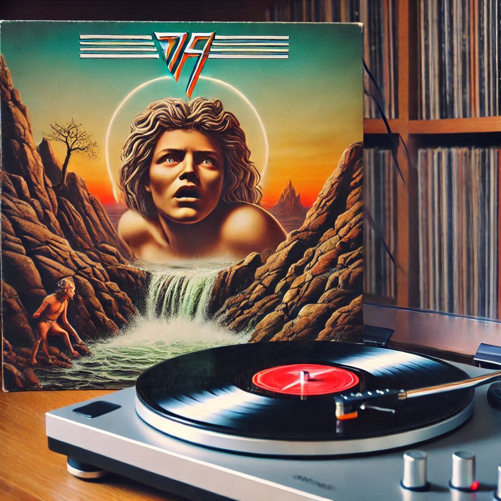Vinyl record album playing on a turntable with Van Halen album cover in view
